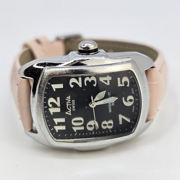 Activa Swiss Women\'s Watch 28MM Black Dial New Pink‎ Leather Bands New Battery main image 7